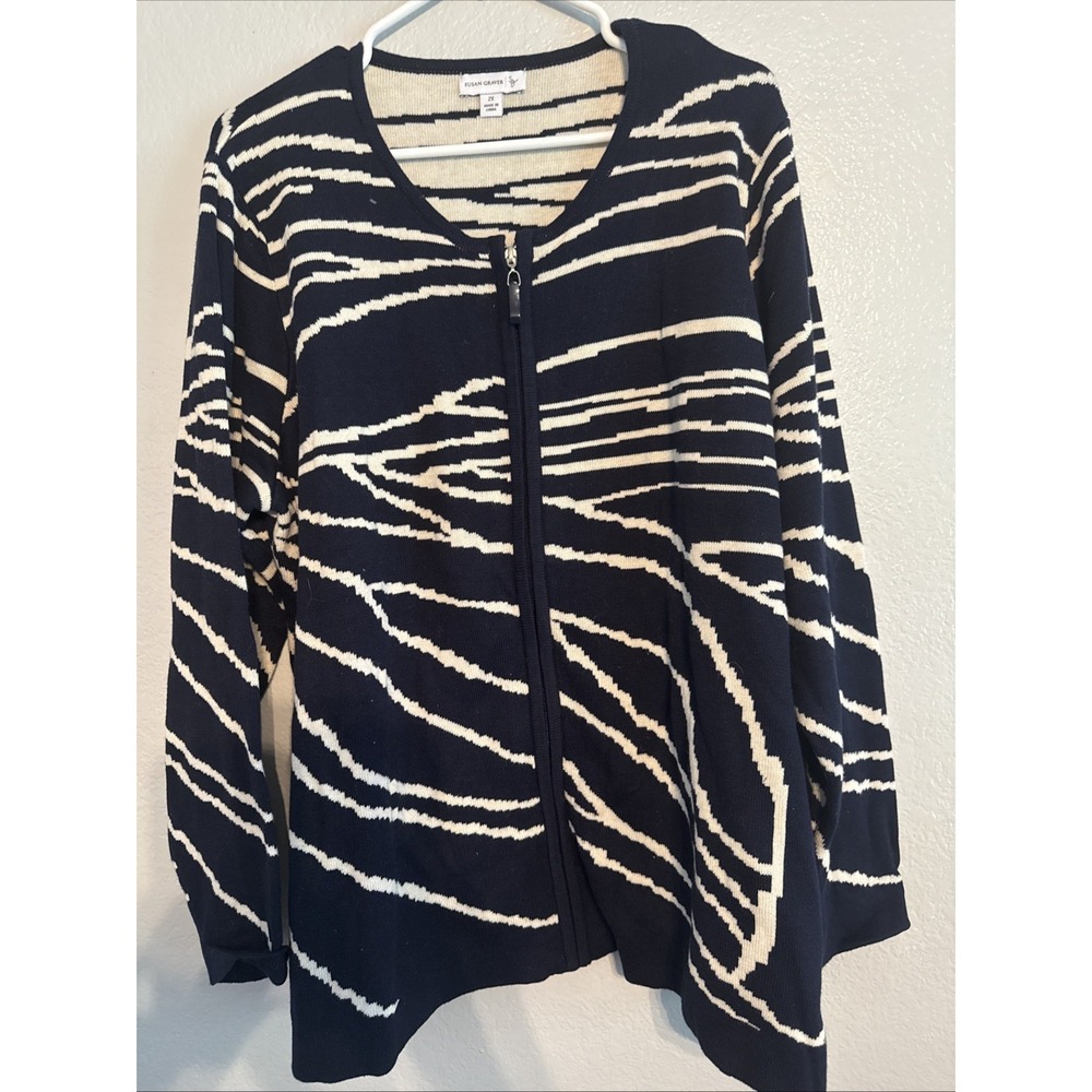 Susan Graver 2X Plus Size Zebra Print Zip Front Cardigan Sweater Cotton Mob Wife